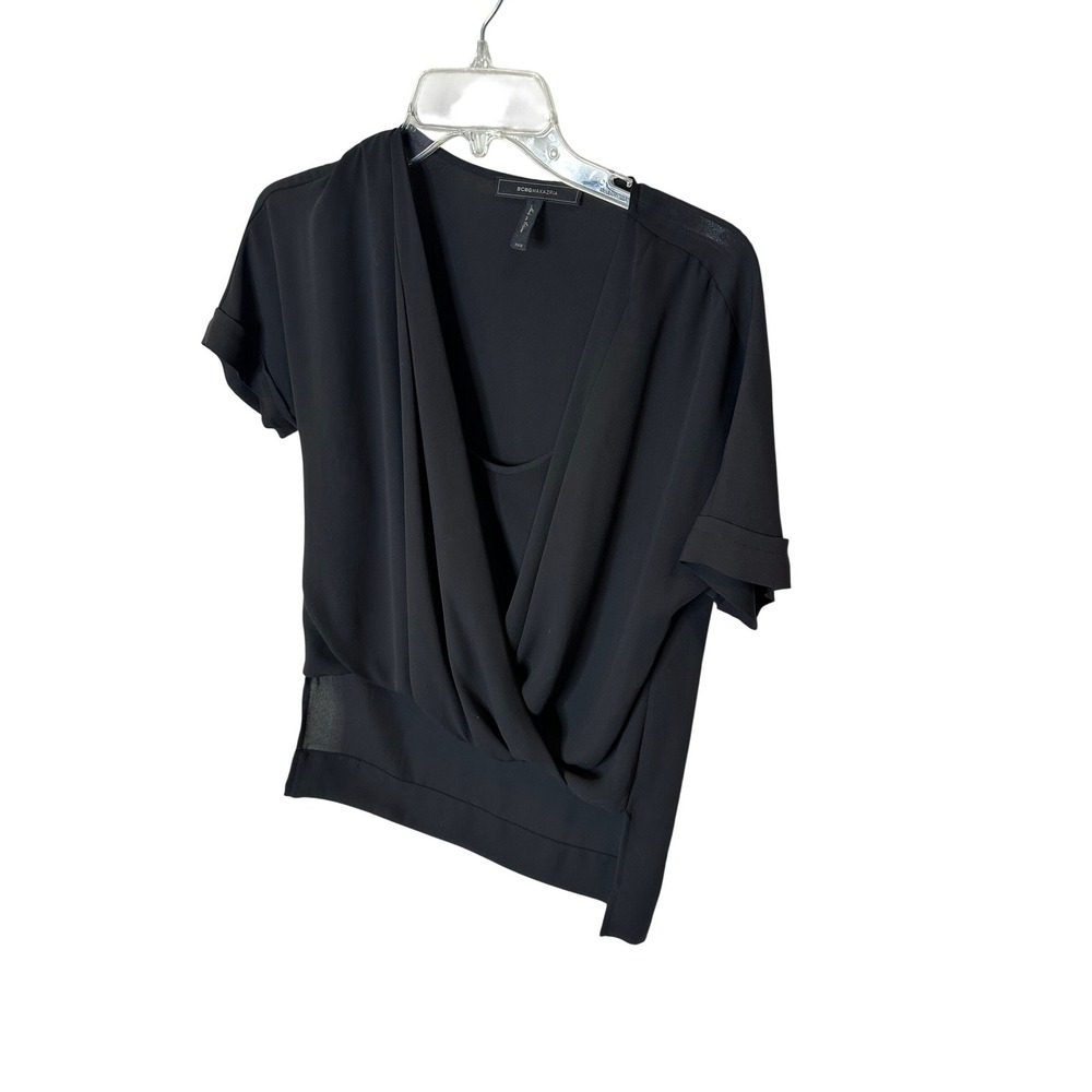 BCBGMAXAZRIA Womens Black Drape Front V-Neck Short Sleeve Blouse XXS Layered Top